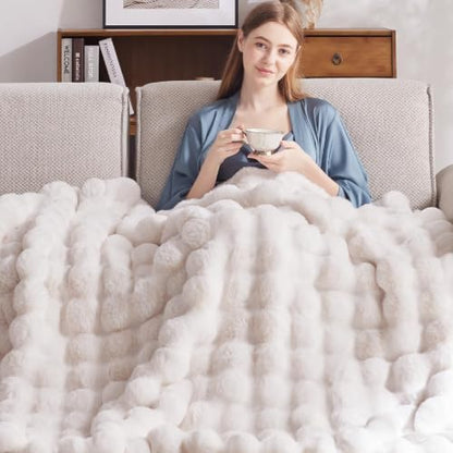 Electric Heated Blanket Throw with 6 Heat Levels and Auto-Off 50x60 White Faux Rabbit Fur