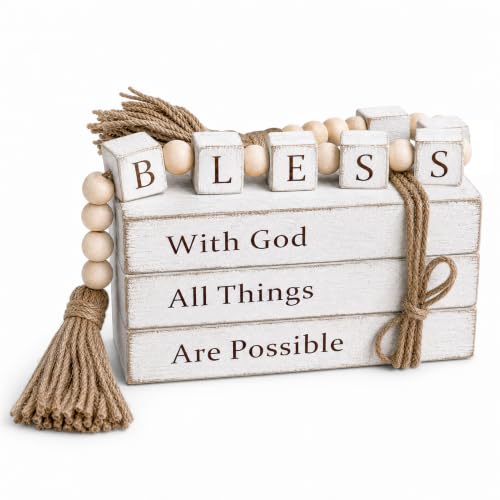 Farmhouse Decor Books Set with Faith Message and Beaded Tassels - Rustic White Wooden Faux Book Ornaments