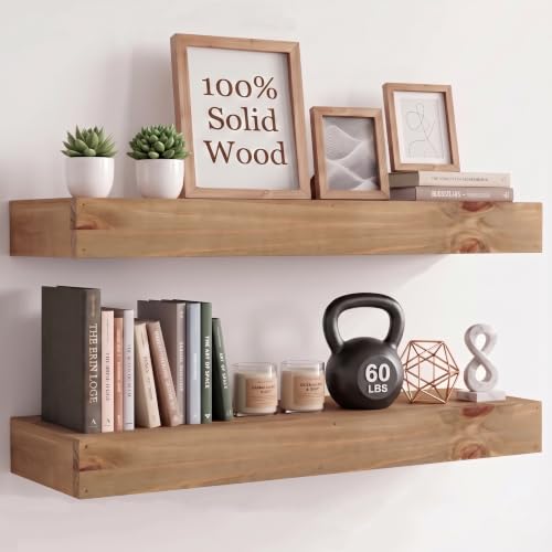 48-Inch Rustic Solid Wood Floating Shelves Set of 2, Heavy Duty Wall Storage