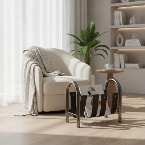 Magazine Storage Rack Holder with Metal Frame and Leather Straps for Study Living Room Office