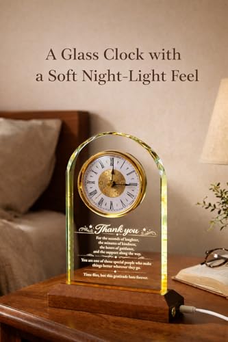 Thank You Gifts for Women Men - Glass Clock with 3-Color LED Wooden Base - Thank You Gift with Wooden Light Base
