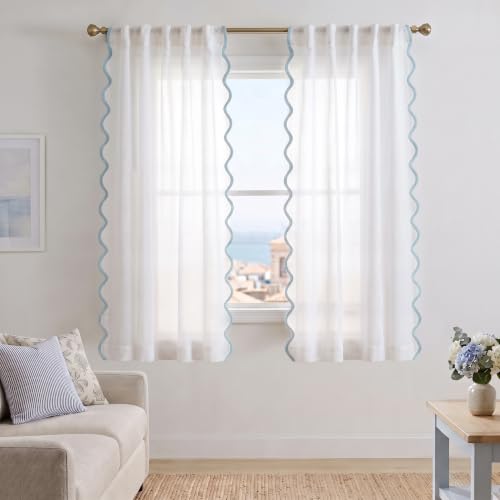 Light Blue and White Scalloped Curtains 50W x 63L Set - Semi-Sheer Drapes for Bedroom & Living Room