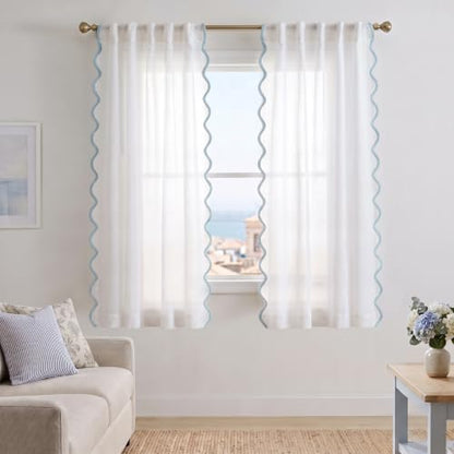 Light Blue and White Scalloped Curtains 50W x 63L Set - Semi-Sheer Drapes for Bedroom & Living Room