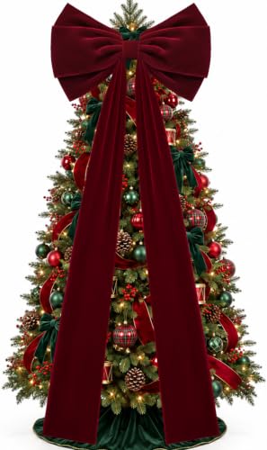 Large Burgundy Velvet Christmas Tree Topper Bow - 27.6 x 78.7 Inches
