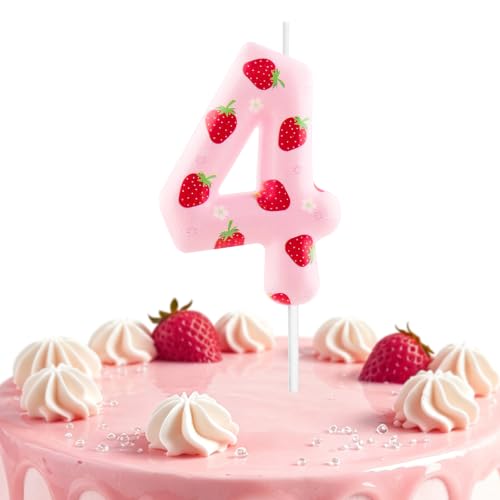Strawberry Number 4 Birthday Candle - Pink Happy Birthday Cake Topper