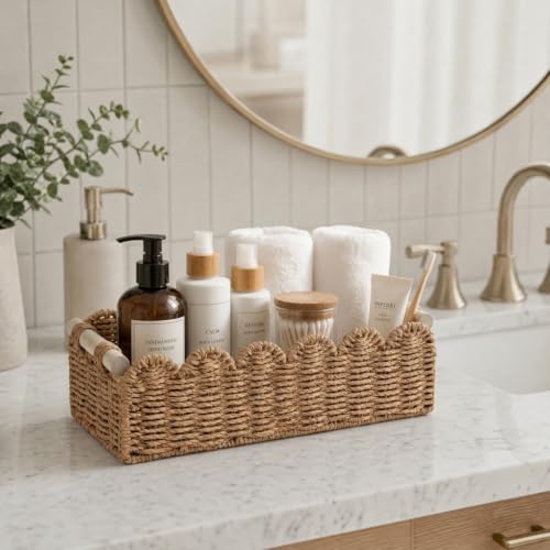 Scalloped Wicker Toilet Paper Storage Basket with Handles - Bathroom Organizer