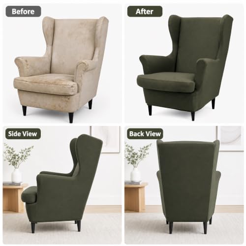 Mustard Green Stretch Wingback Chair Cover with Arms 2-Piece Slipcover Washable
