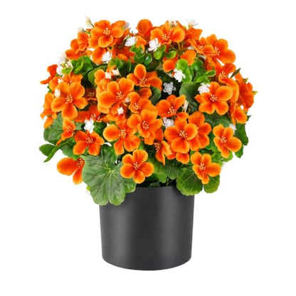 15-Inch Artificial Geranium Flower in Pot - Fall Decor, Orange