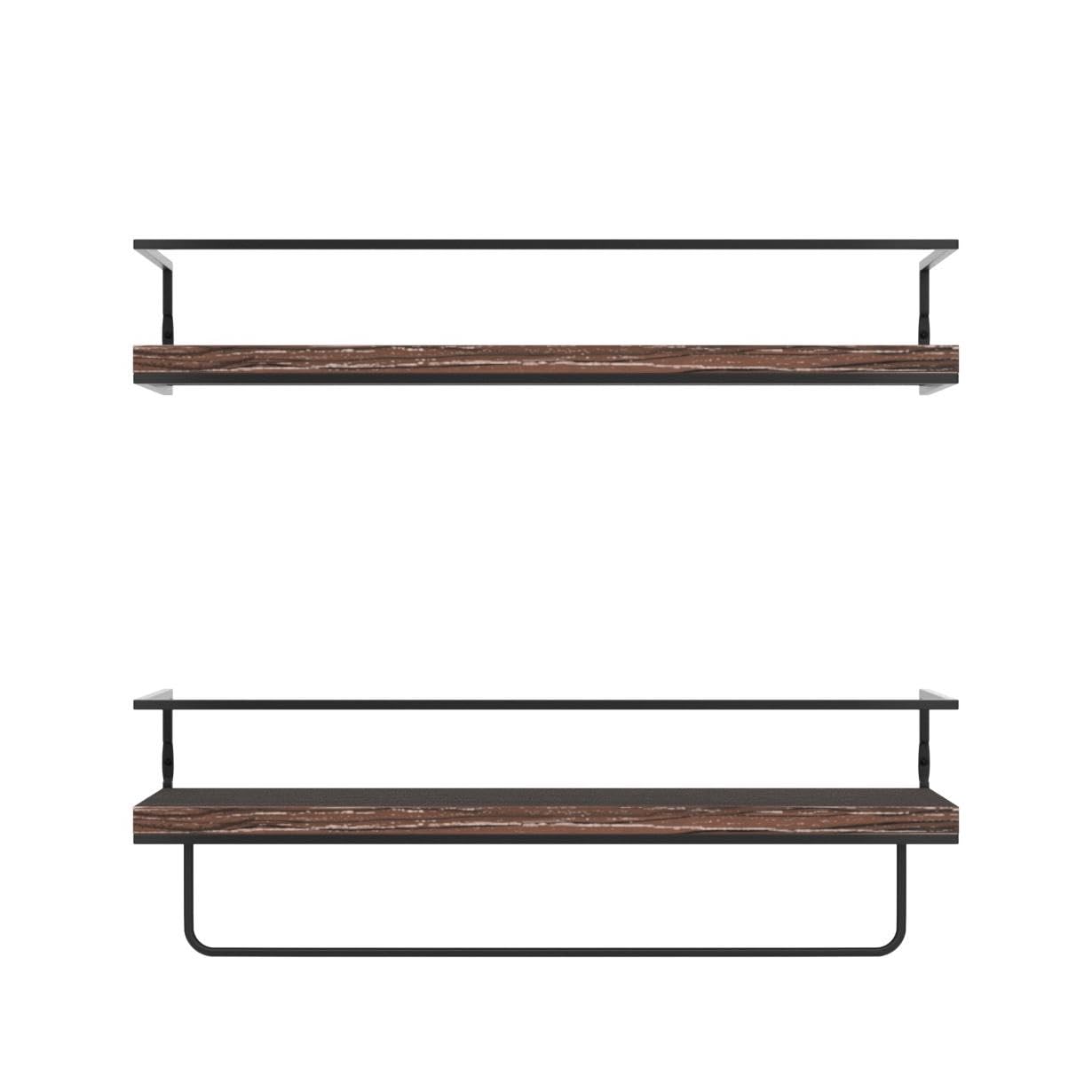 Shario Rustic Wood Floating Shelves - Set of 2, Wall Mounted Hanging Shelves with Black Towel Rack, Decorative Storage Shelves for Bathroom, Kitchen, Living Room & Bedroom (Dark Carbonized Brown)