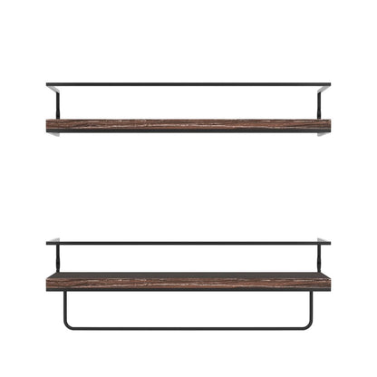 Shario Rustic Wood Floating Shelves - Set of 2, Wall Mounted Hanging Shelves with Black Towel Rack, Decorative Storage Shelves for Bathroom, Kitchen, Living Room & Bedroom (Dark Carbonized Brown)