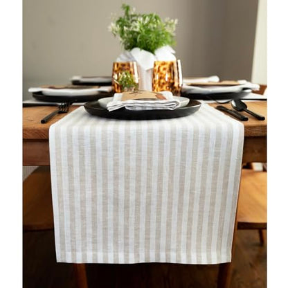 Solino Home Linen Table Runner 14 x 132 in Natural & White Stripes - Handcrafted