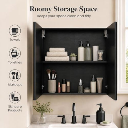GIANTEX Black Wall-Mount Bathroom Mirror Cabinet with 2 Doors