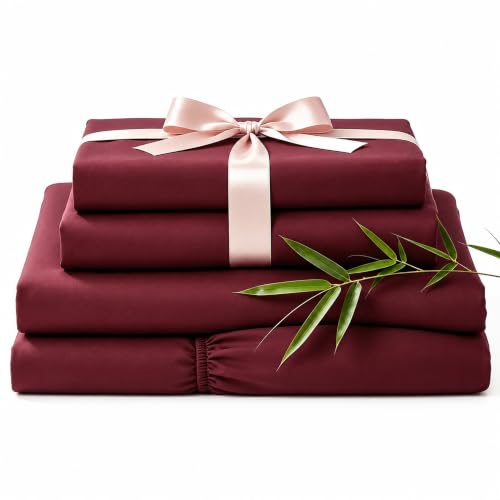 Dark Red Burgundy Twin Bed Sheets Set Rayon Derived from Bamboo 4 Piece