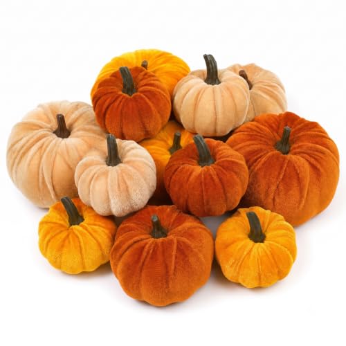 Brown Fall Artificial Velvet Pumpkins Decor Set - 12 Mini Foam Pumpkins for Autumn Home Display