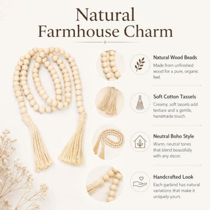 Wood Bead Garland 58in Rustic Farmhouse Decor with Tassels - Natural Finish