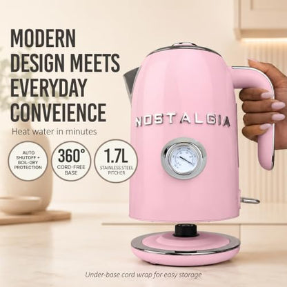 Nostalgia Pink Retro Electric Kettle 1.7L Enamel-Coated Stainless Steel