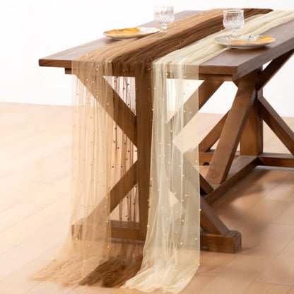 Pearl Gauze Table Runner 10ft x 3pcs - Fall Mix & Match Brown, Nude, Beige