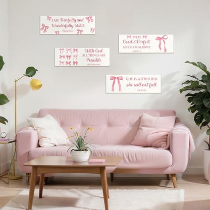 Pink Bow Christian Wall Decor Set - 4 Wooden Religious Room Accents