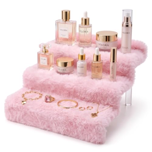 Blush Pink 12IN Plush Perfume Display Stand with 3 Tiers and Faux Fur Texture