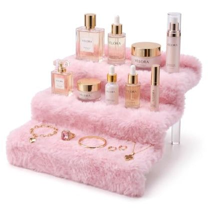 Blush Pink 12IN Plush Perfume Display Stand with 3 Tiers and Faux Fur Texture