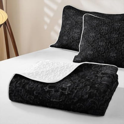 Ash & Ink Black Skull Pattern Quilt Set King Size Kids & Adults Bedding
