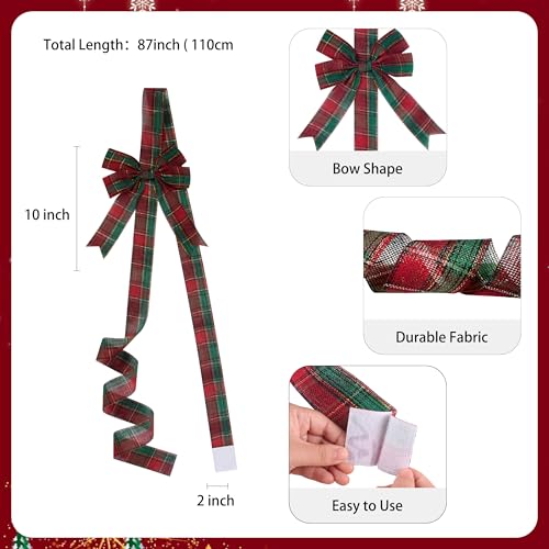 Christmas Cabinet Door Bows Set of 6 - Red Green Plaid Large Holiday Ribbons