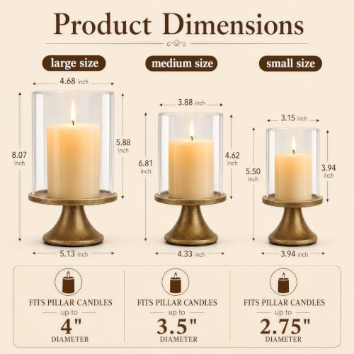 Set of 3 Hurricane Glass Candle Holders with Weighted Base for Pillar Candles
