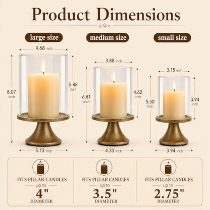Set of 3 Hurricane Glass Candle Holders with Weighted Base for Pillar Candles