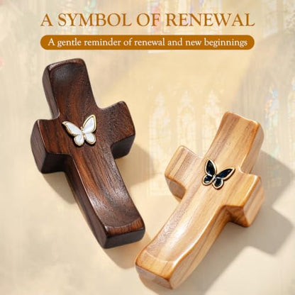 10-Pack Wooden Prayer Crosses with Metal Butterfly - Natural & Black Walnut