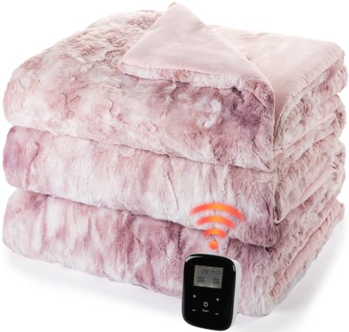 Pink Faux Fur Heated Blanket Queen Size with Wireless Remote 90x90