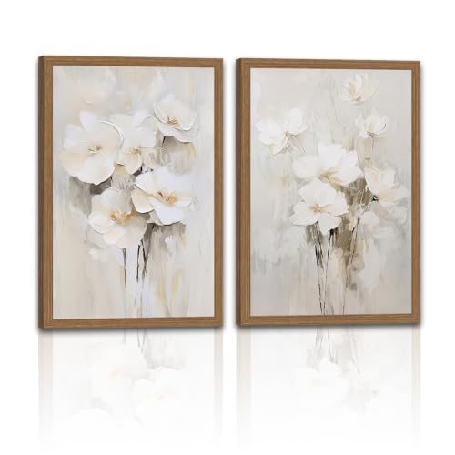 White Beige Floral Wall Art Set of 2 Canvas Prints 12x16in - Neutral Decor