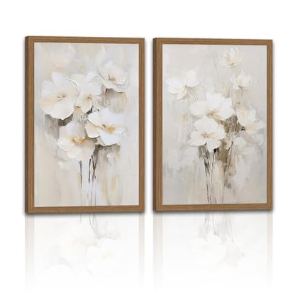 White Beige Floral Wall Art Set of 2 Canvas Prints 12x16in - Neutral Decor