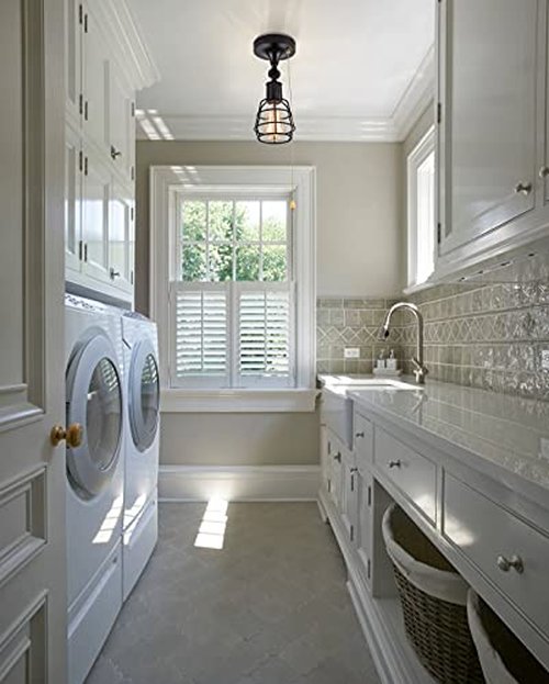 Industrial Farmhouse Close to Ceiling Light with Pull Chain 1 Light Black Semi Flush Mount Ceiling Light Adjustable Metal Cage Directional Wall Sconce Wall Lamp with Pull String for Kitchen Laundry