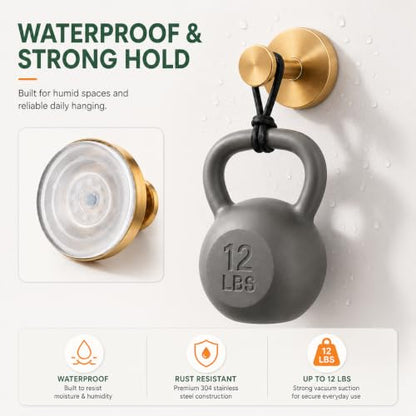 No Drill Gold Suction Cup Hooks for Wreaths - Reusable Holiday & Household Decor - 2 Pack