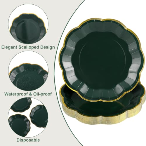 Green Paper Plates with Gold Trim - 7 Inch Scalloped Dinner Plates, Pack of 30 (Variation: Green / 7 Inch)
