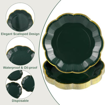 Green Paper Plates with Gold Trim - 7 Inch Scalloped Dinner Plates, Pack of 30 (Variation: Green / 7 Inch)