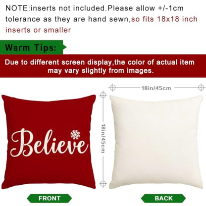 Christmas Believe Pillow Cover 18x18 Red Holiday Decor - Pack of 1