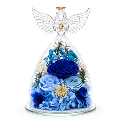Blue Preserved Rose in Angel Glass Dome with LED Light - Gift for Mom