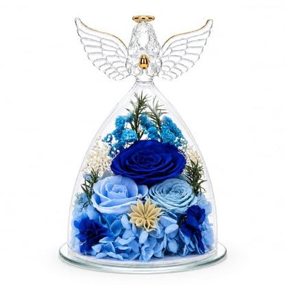 Blue Preserved Rose in Angel Glass Dome with LED Light - Gift for Mom