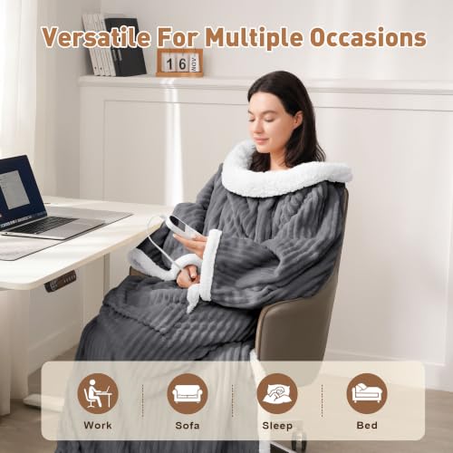 Grey Wearable Heated Blanket with Foot Pocket & Sleeves - Long