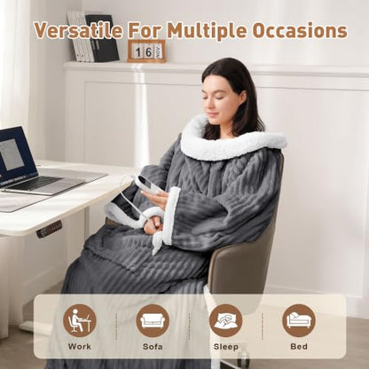 Grey Wearable Heated Blanket with Foot Pocket & Sleeves - Long