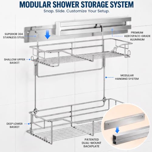 2-Tier Premium Shower Caddy with 8 Hooks - Deep & Shallow Baskets, Stainless Steel, Adhesive or Screw Mount