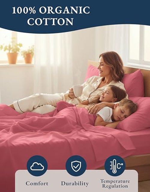 LANE LINEN RV Queen Sheets Set - 100% Organic Cotton Camper Sheet Sets 15" Deep Pocket Fitted - Mineral Red