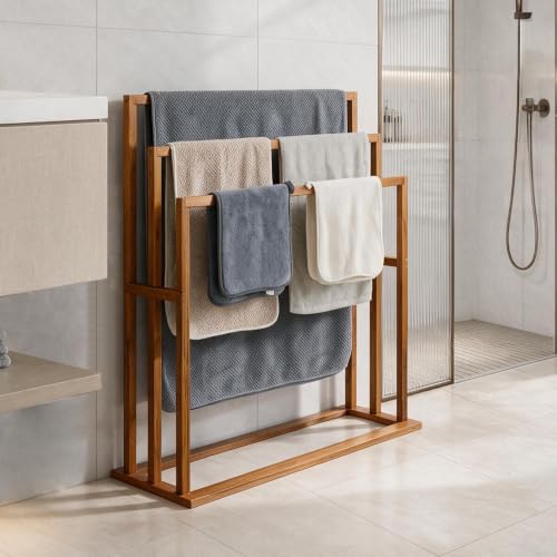 Large Teak Standing Towel Rack - Freestanding Bathroom Drying Organizer
