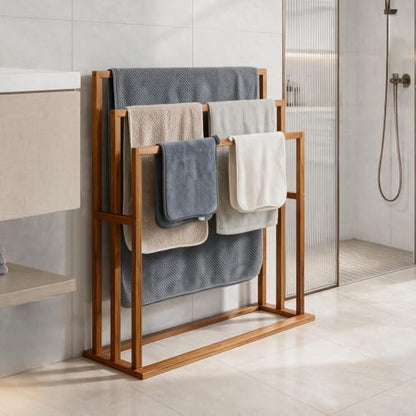 Large Teak Standing Towel Rack - Freestanding Bathroom Drying Organizer