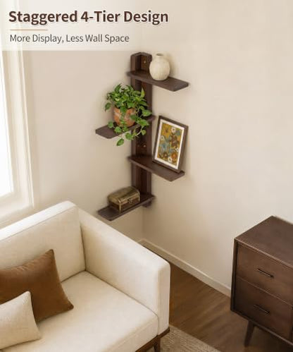 SUMGAR Walnut 4-Tier Corner Floating Shelves - Left or Right Layout, MCM Style
