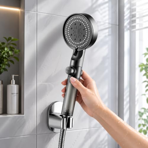 Black Filtered Handheld Shower Head with 5 Spray Modes - High Pressure Chrome Finish