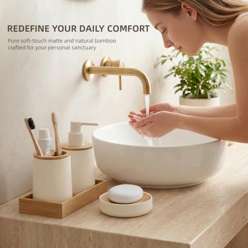 White 4-Piece Bathroom Accessories Set - Bamboo & Matte White Finish