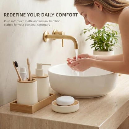 White 4-Piece Bathroom Accessories Set - Bamboo & Matte White Finish