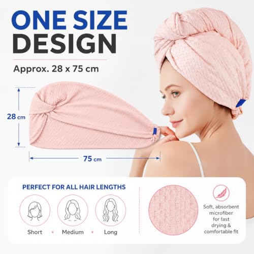 Microfiber Hair Towel Wrap for Women - Quick-Drying, Soft Absorbent Turban with Elastic Button Loop, Lightweight for Wet, Long, Curly & Thick Hair, Blush Pink